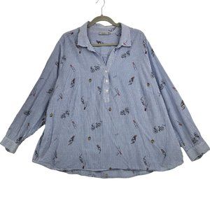 Dalia Womens 3X Blouse Blue Striped V-Neck Roll Cuff Feminine Objects Artsy